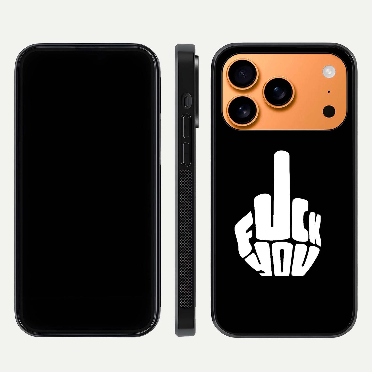 Rebel Mode On Glass Case for iPhone 17 Pro Max front & back layout showing minimal tone and clean edge fit