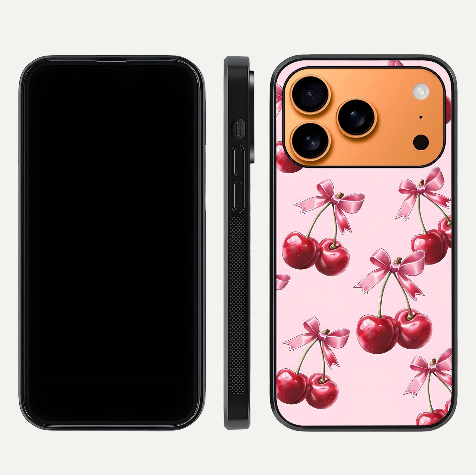 Red Cherries Pattern Glass Case for iPhone 17 Pro Max front & back layout highlighting vibrant fruit print and edges