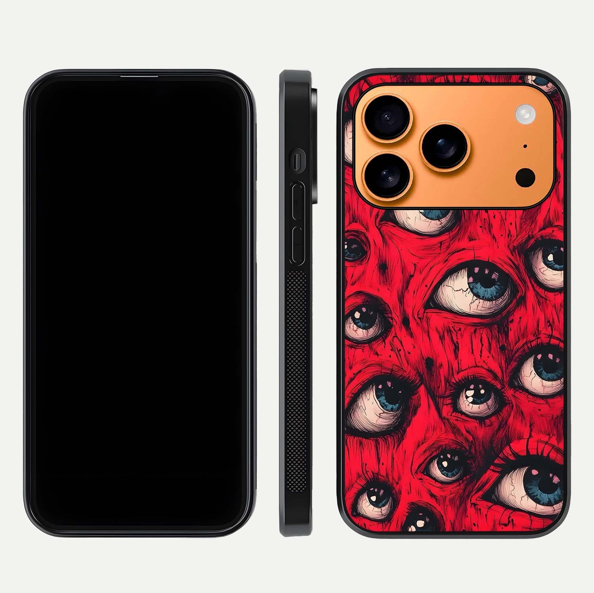 Red Eyes Pattern Glass Case for iPhone 17 Pro Max front & back layout showing sharp edge finish and design depth