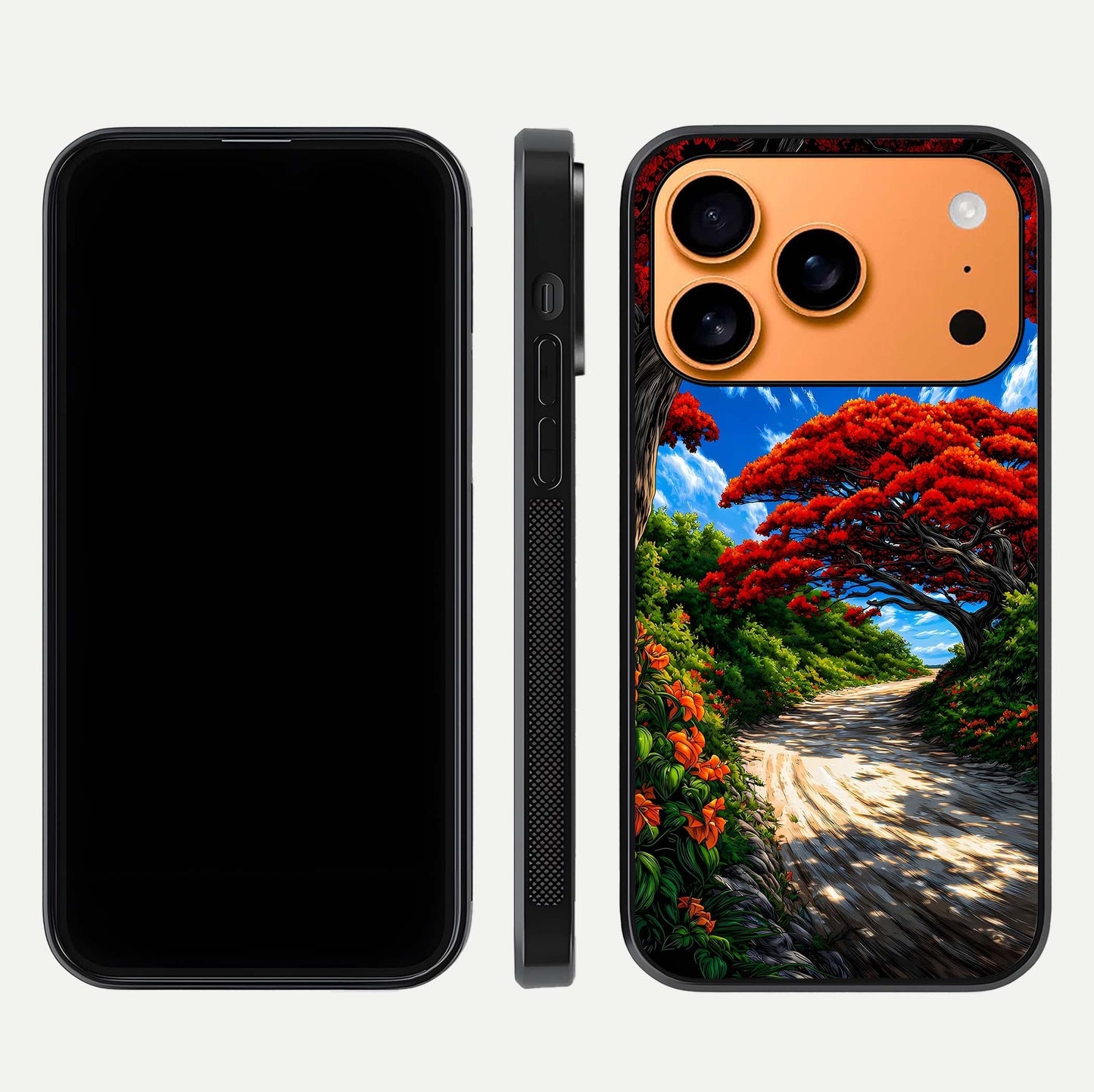 Red Trees Pathway Glass Case for iPhone 17 Pro Max front & back layout showing scenic tone blend and edges