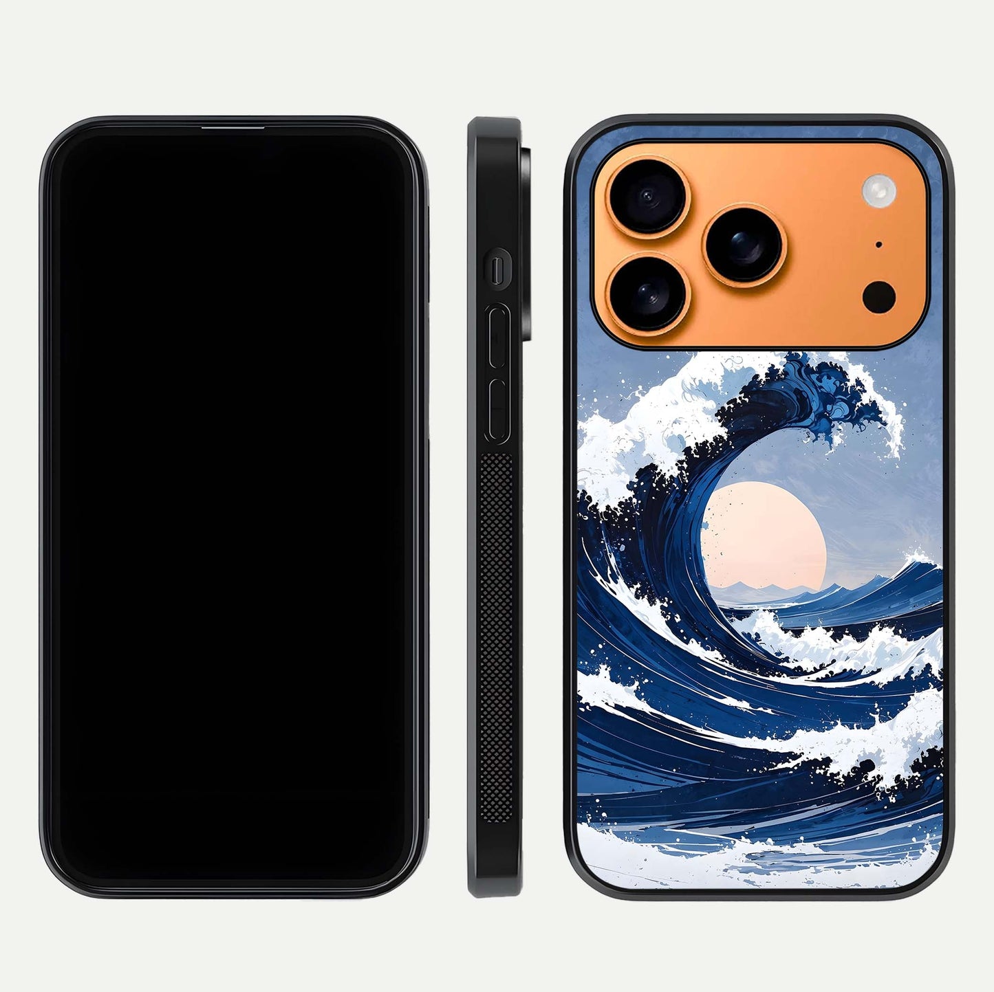 Rising Tide Power Glass Case for iPhone 17 Pro Max front & back layout showing ocean design and smooth glass edge