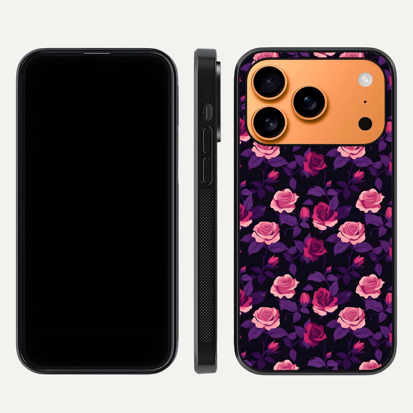 Rose Garden Twilight Glass Case for iPhone 17 Pro Max front & back layout showing rich twilight tones and edges