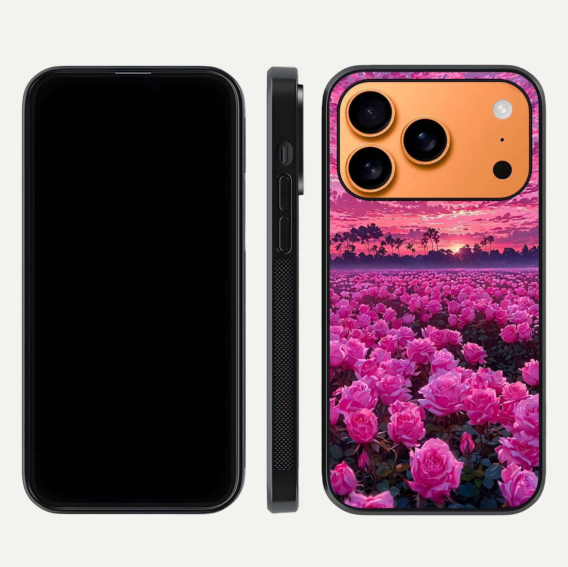 Rose Sunset Valley Glass Case for iPhone 17 Pro Max front & back layout highlighting gradient tones and glass shine
