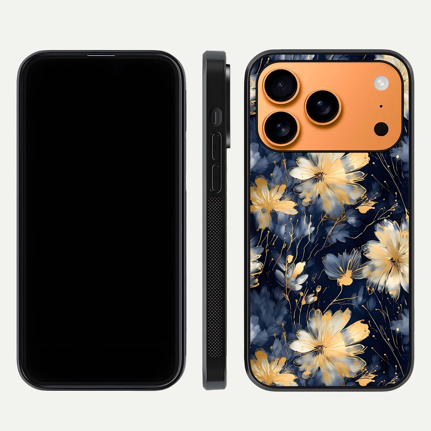Royal Petal Dream Glass Case for iPhone 17 Pro Max front & back layout showing floral pattern and clean edge finish