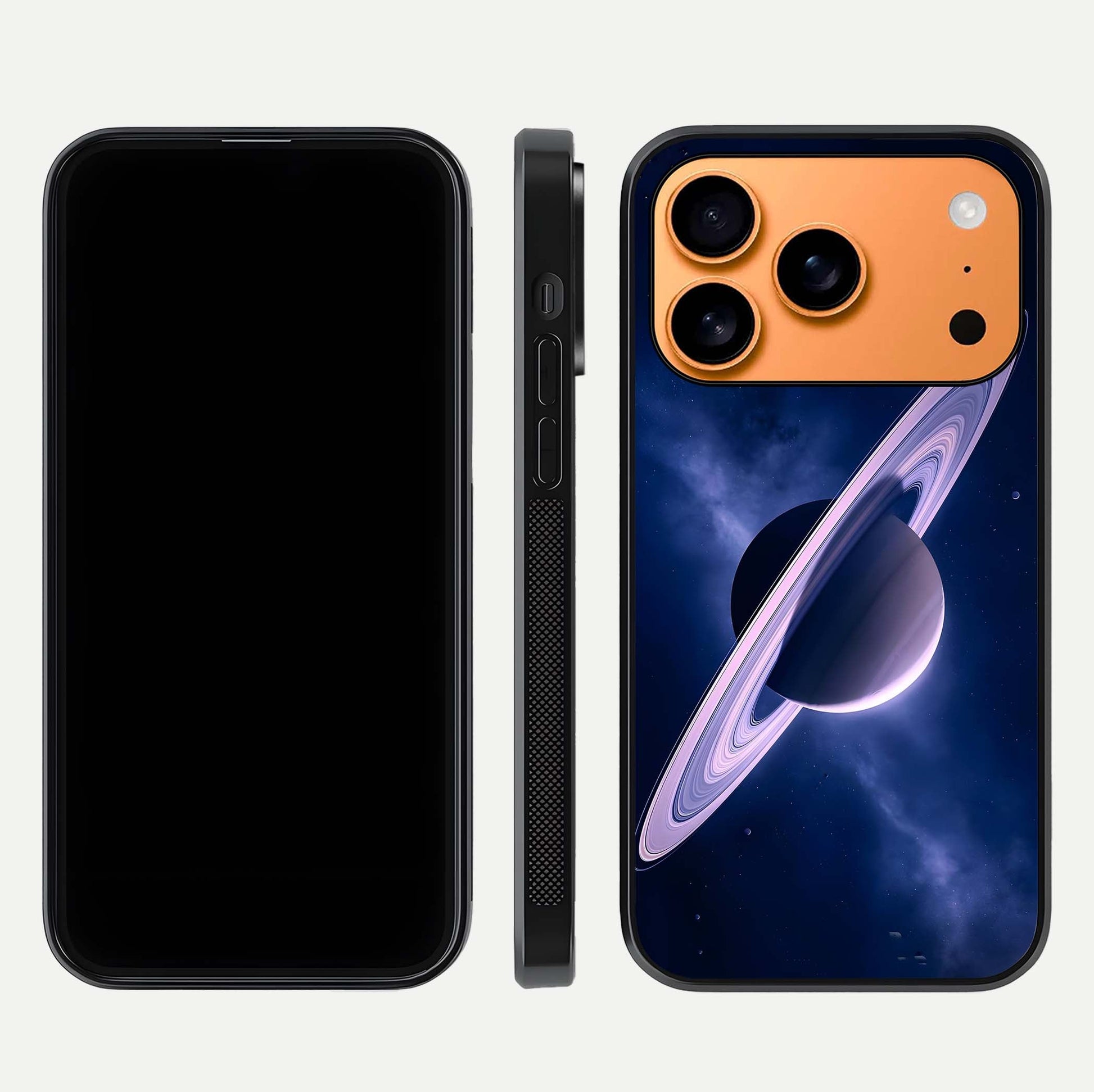 Saturn Ring Mystique Glass Case for iPhone 17 Pro Max front & back layout showing cosmic tones and edge glow