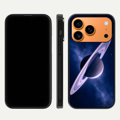 Saturn Ring Mystique Glass Case for iPhone 17 Pro Max front & back layout showing cosmic tones and edge glow
