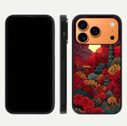 Scarlet Autumn Temple Glass Case for iPhone 17 Pro Max front & back layout showing scenic tones and curved edges