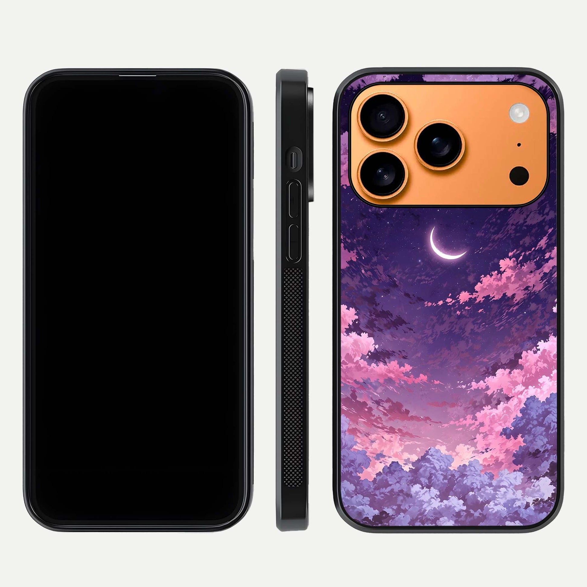 Sky Drift Clouds Glass Case for iPhone 17 Pro Max front & back layout showing sky tones and smooth edge design