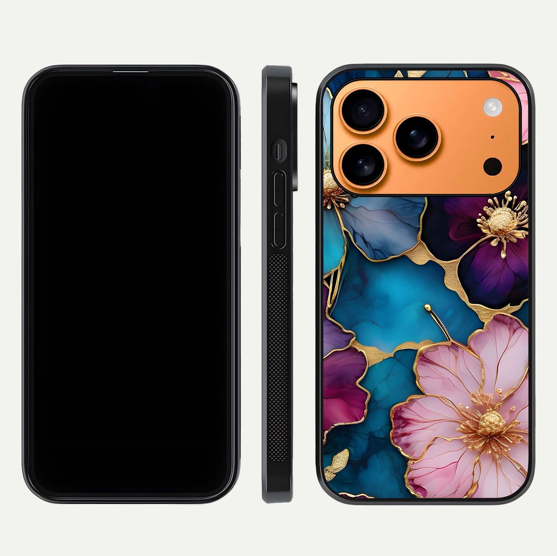 Sparkle Floral Glass Case for iPhone 17 Pro Max front & back layout showing floral print and edge clarity