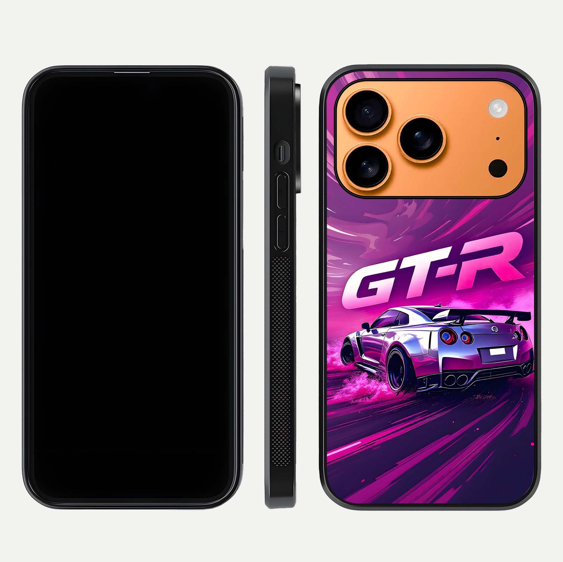 Speed Drift Legend Glass Case for iPhone 17 Pro Max front & back layout showing bold tones and smooth edges