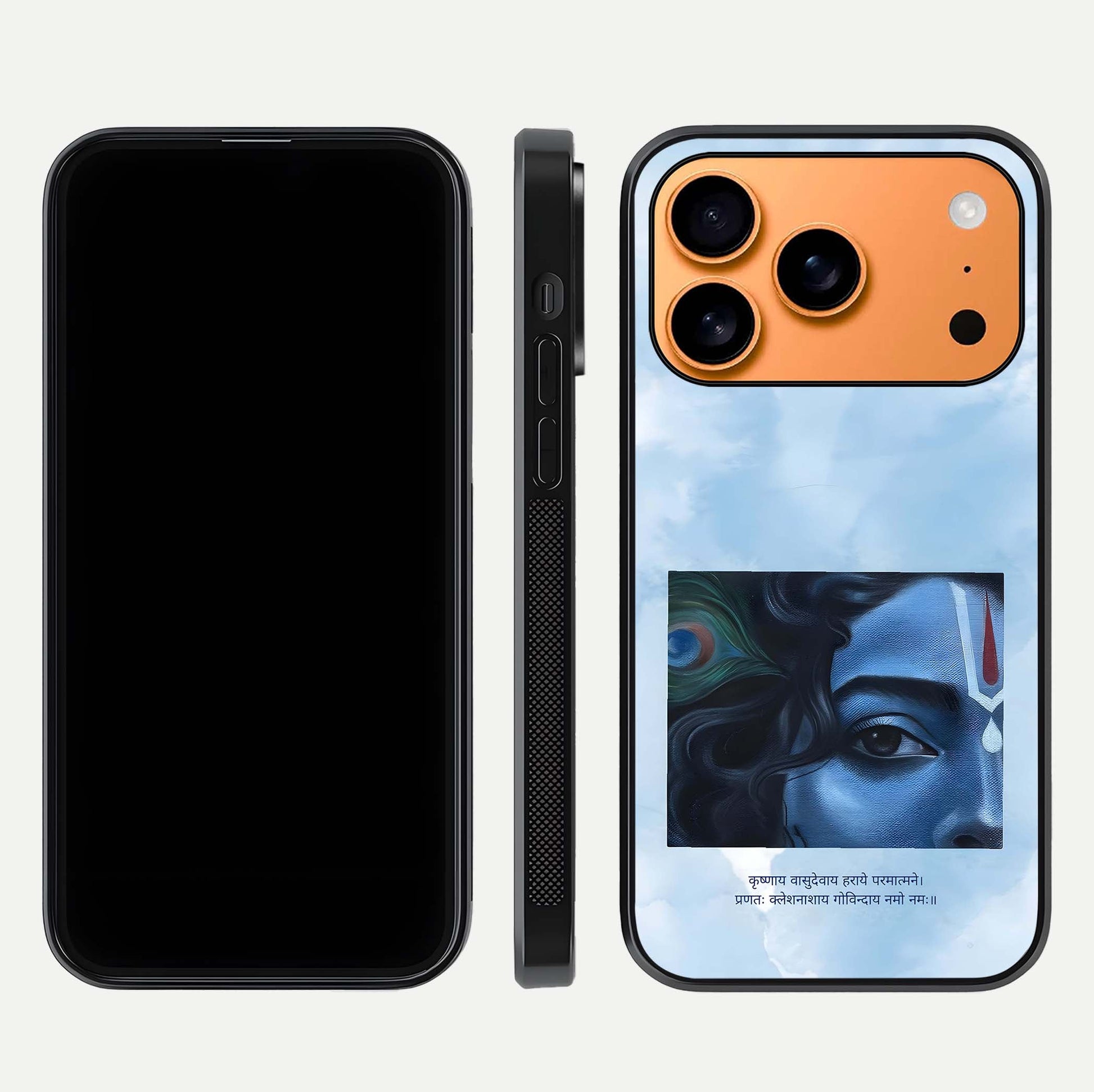Spiritual Krishna Glass Case for iPhone 17 Pro Max front & back layout showing spiritual artwork and clean edge