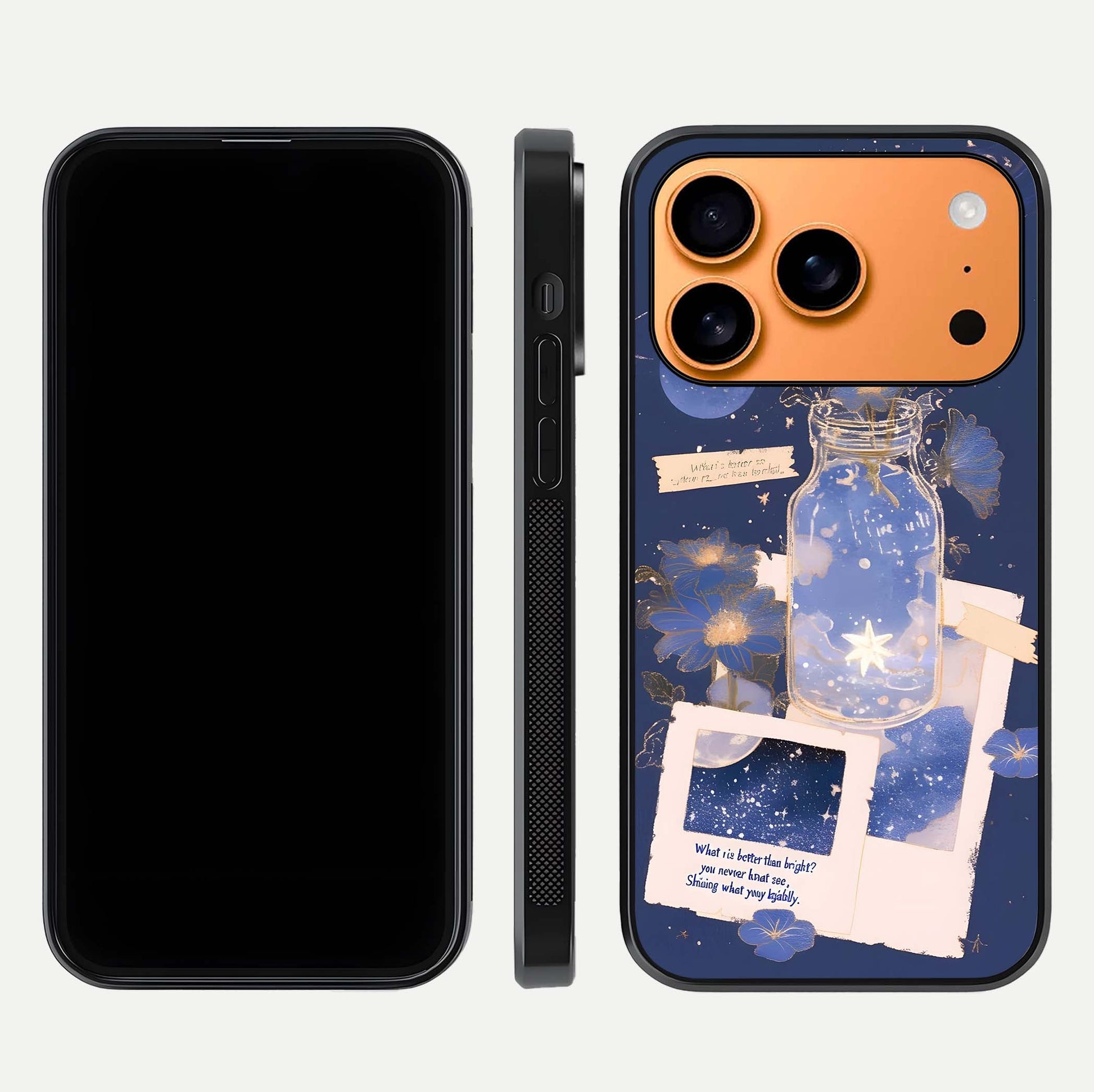 Starlit Cosmic Jar Glass Case for iPhone 17 Pro Max front & back layout showing cosmic pattern and curved glass edge