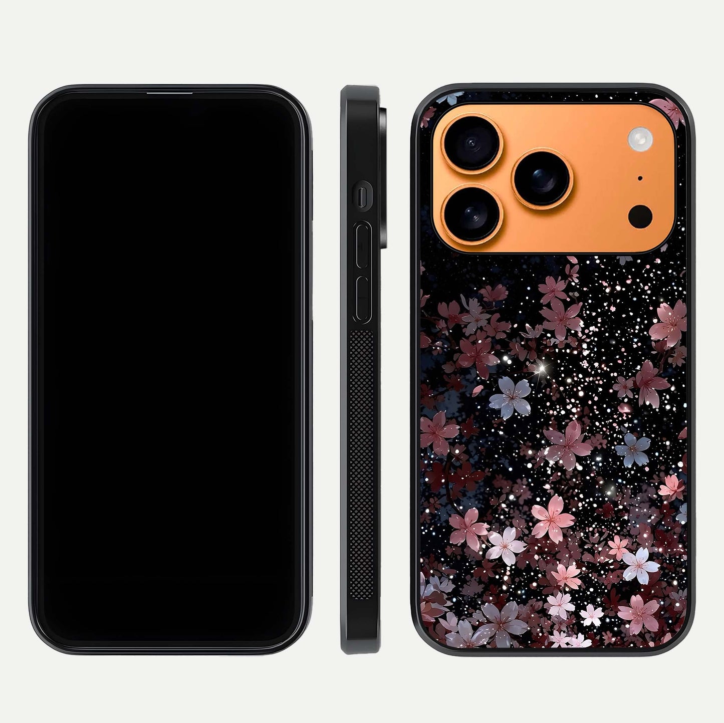 Starlit Flower Dreams Glass Case for iPhone 17 Pro Max front & back layout showing soft bloom design and curved edge