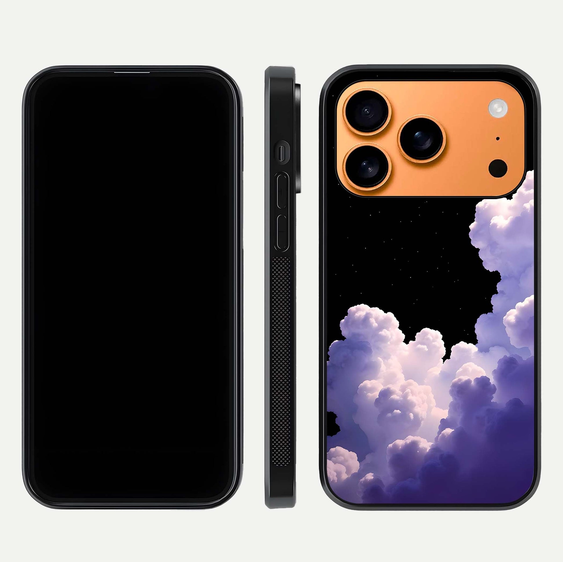 Starlit Night Whispers Glass Case for iPhone 17 Pro Max front & back layout showing moon tones and curved edges