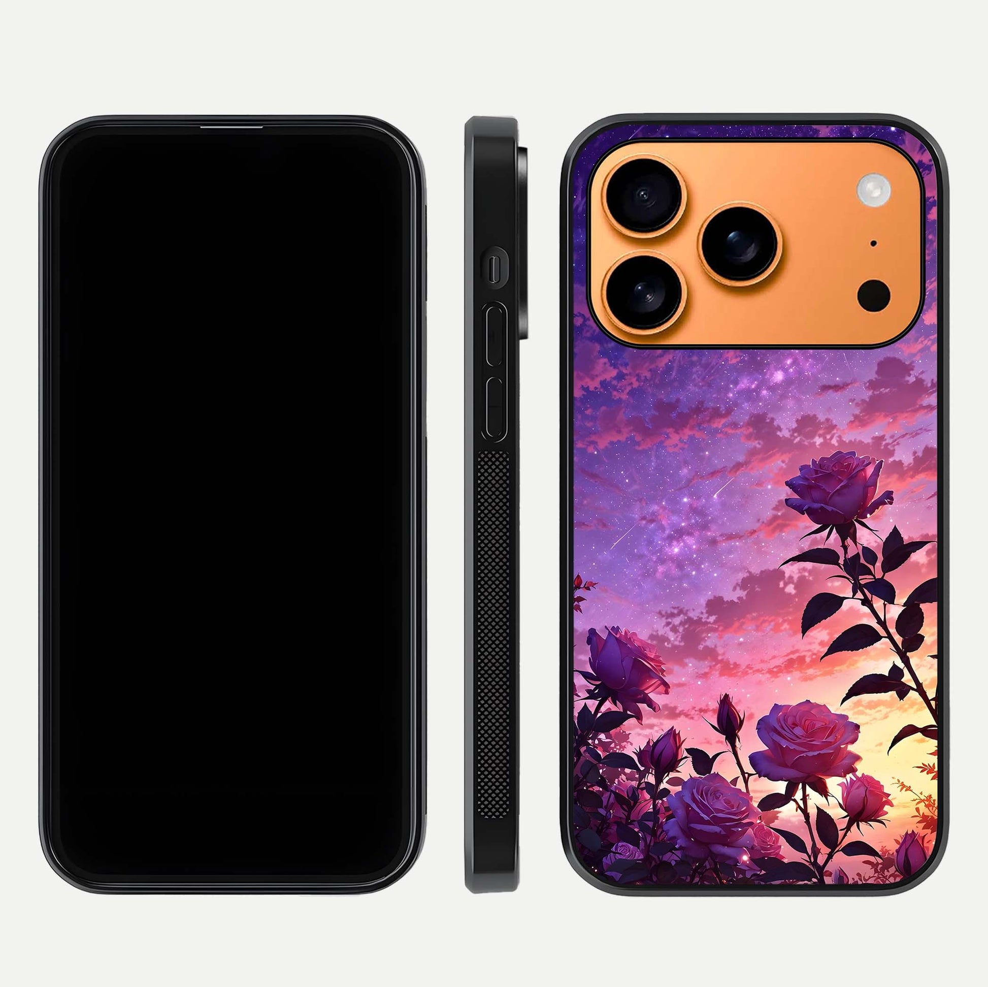 Starlit Rose Twilight Glass Case for iPhone 17 Pro Max front & back layout showing floral blend and glossy edge