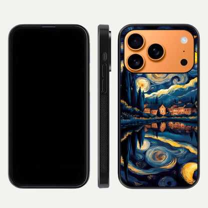 Starry Sky Serenity Glass Case for iPhone 17 Pro Max front & back layout showing stars and curved glass edges