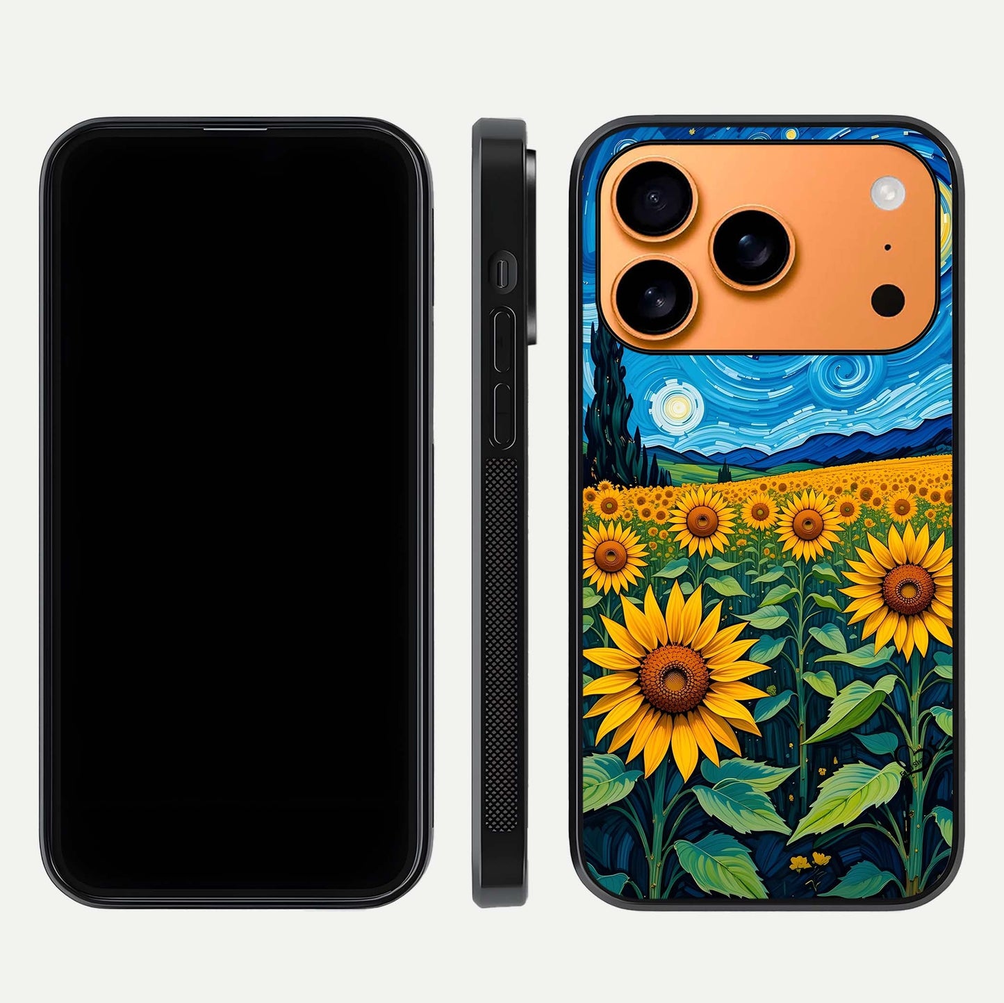 Starry Sunflower Dreams Glass Case for iPhone 17 Pro Max front & back layout showing floral blend and edge detail