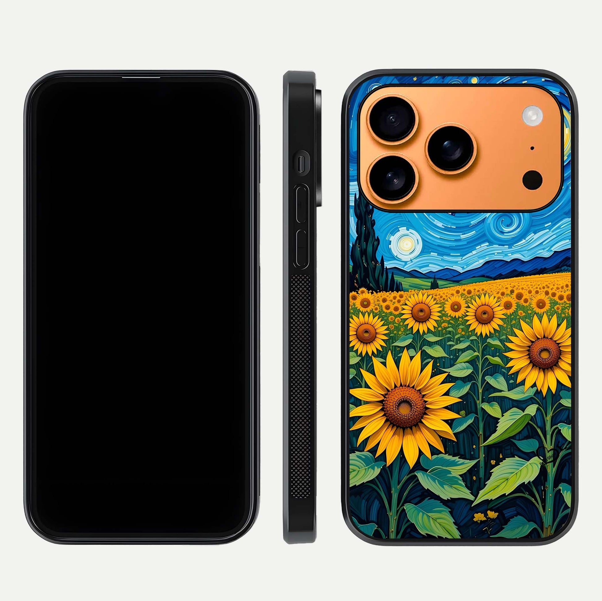 Starry Sunflower Dreams Glass Case for iPhone 17 Pro Max front & back layout showing floral blend and edge detail