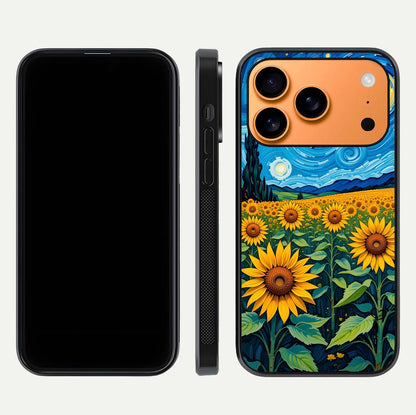 Starry Sunflower Dreams Glass Case for iPhone 17 Pro Max front & back layout showing floral blend and edge detail
