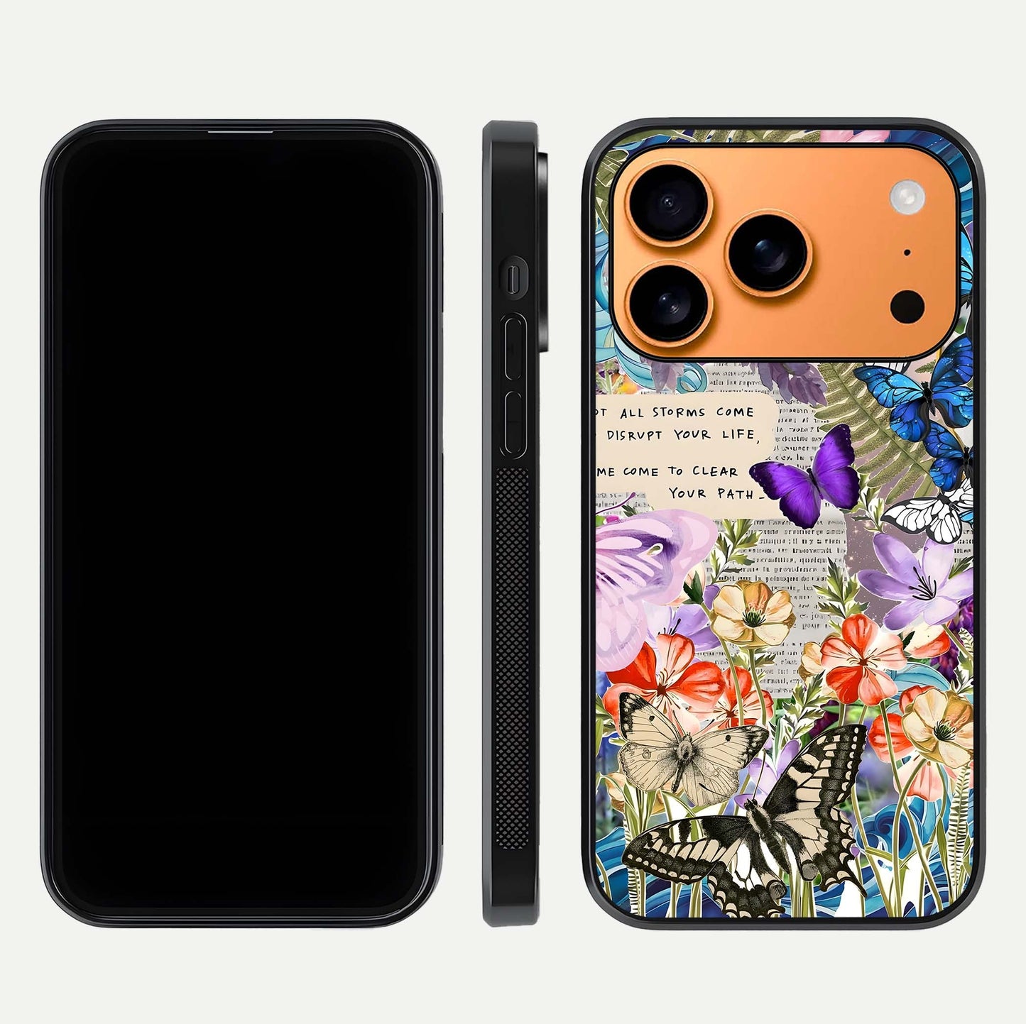 Storm Path Bloom Glass Case for iPhone 17 Pro Max front & back layout showing moody floral blend and edges
