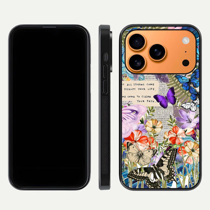 Storm Path Bloom Glass Case for iPhone 17 Pro Max front & back layout showing moody floral blend and edges