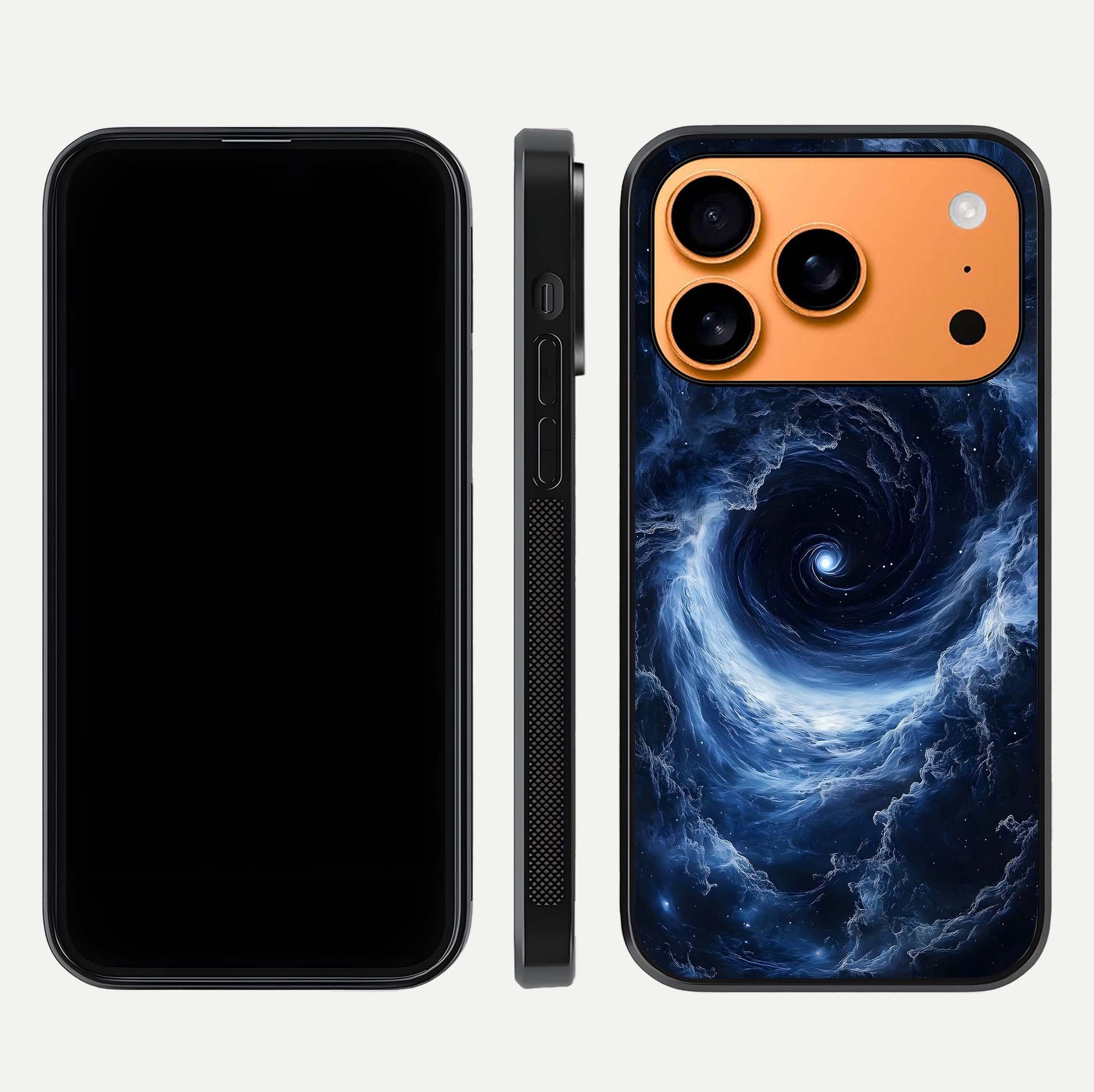 Stunning Galaxy Glass Case for iPhone 17 Pro Max front & back layout showing deep cosmic hues and clean edges