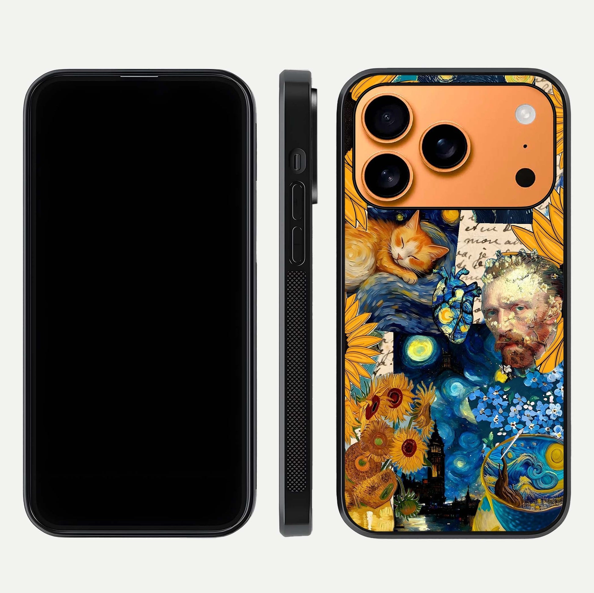 Sunflower Cat Art Glass Case for iPhone 17 Pro Max front & back layout showing detailed floral cat design and edges