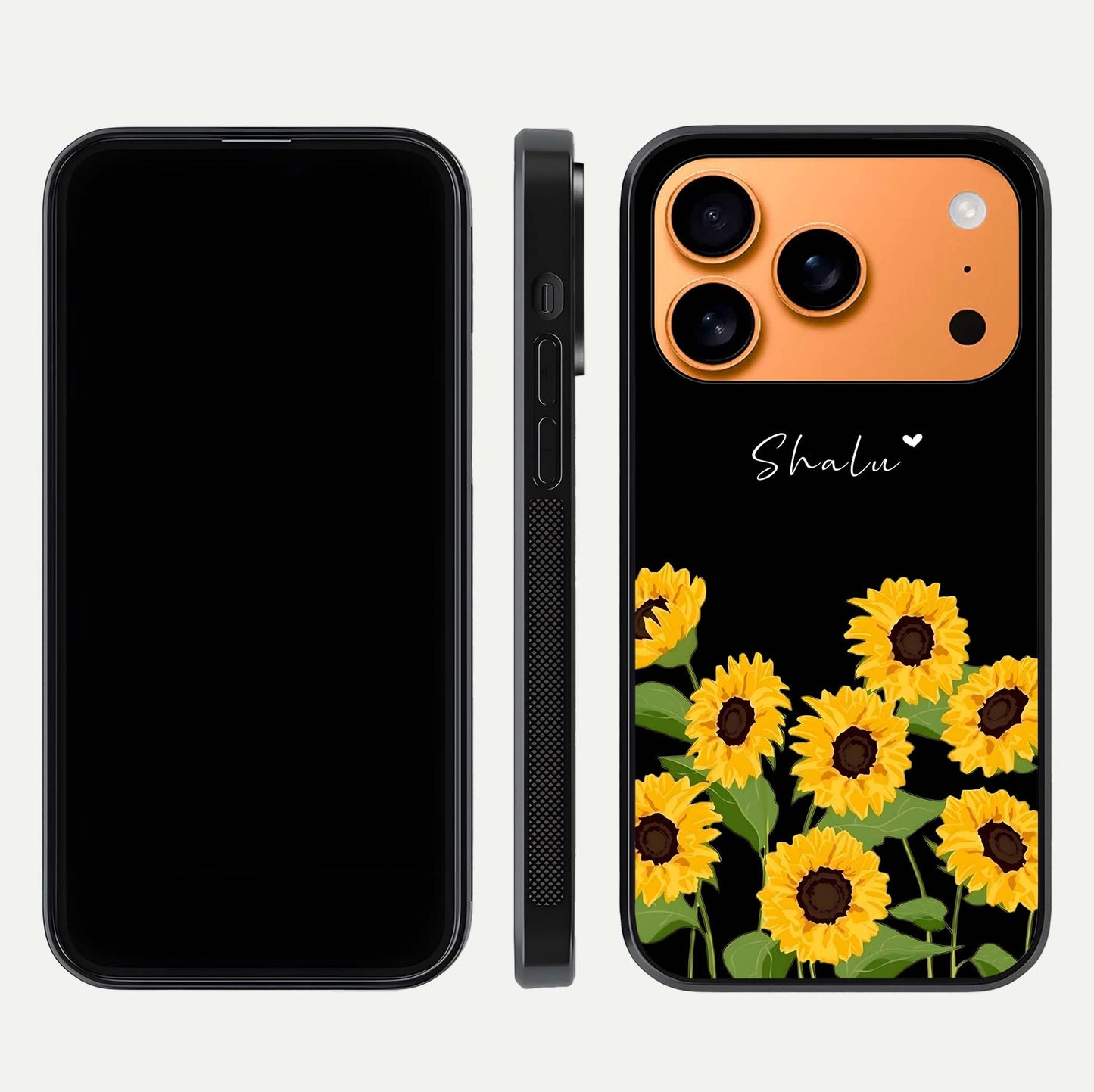 Sunflower Chic Mood Custom Name Glass Case for iPhone 17 Pro Max front & back layout highlighting custom text zone and shine