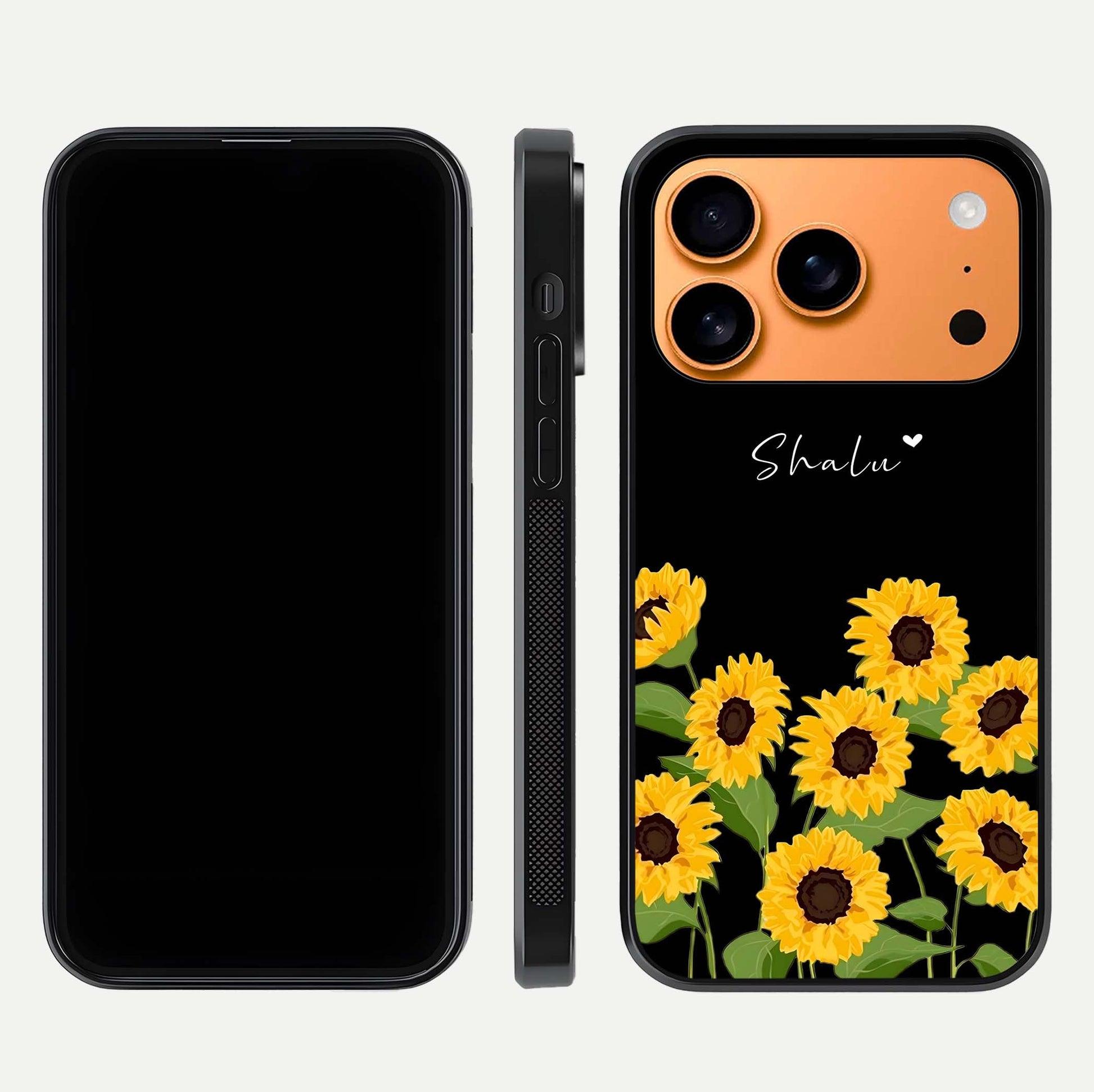 Sunflower Chic Mood Custom Name Glass Case for iPhone 17 Pro Max front & back layout highlighting custom text zone and shine