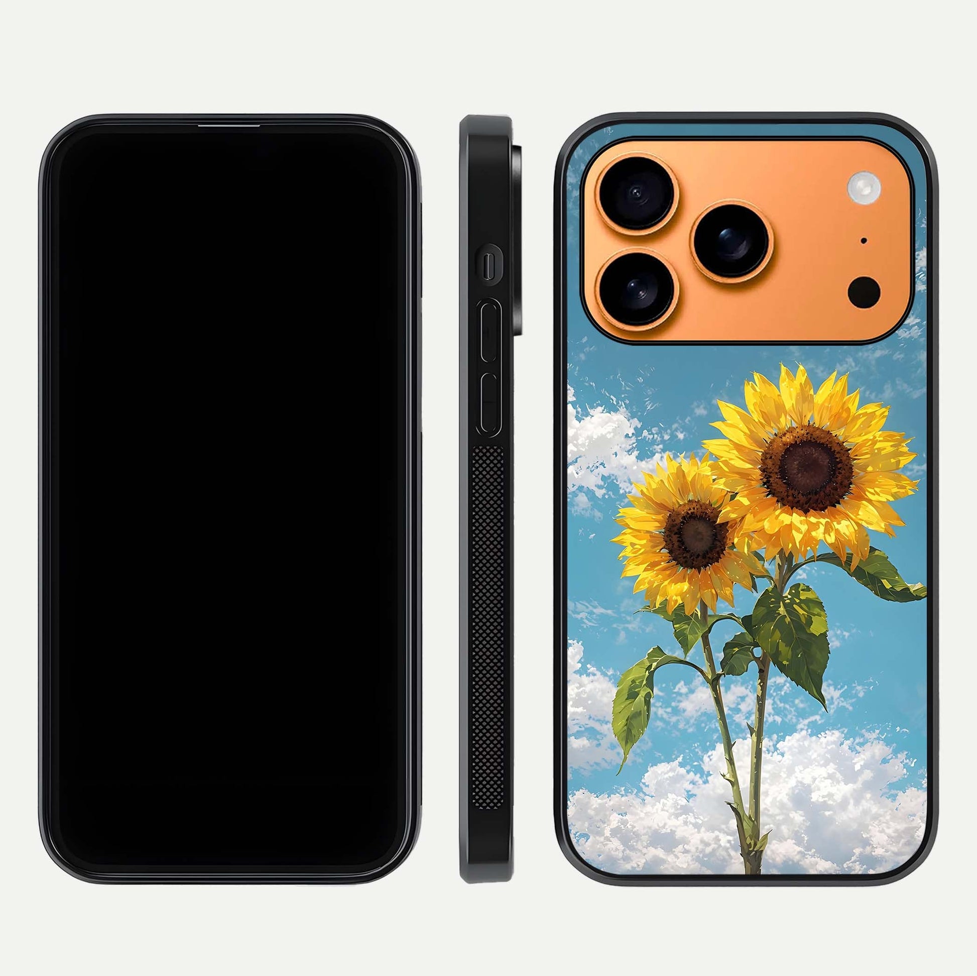 Sunflower Sky Bloom Glass Case for iPhone 17 Pro Max front & back layout showing soft blue tones and flower contrast