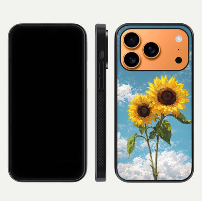 Sunflower Sky Bloom Glass Case for iPhone 17 Pro Max front & back layout showing soft blue tones and flower contrast