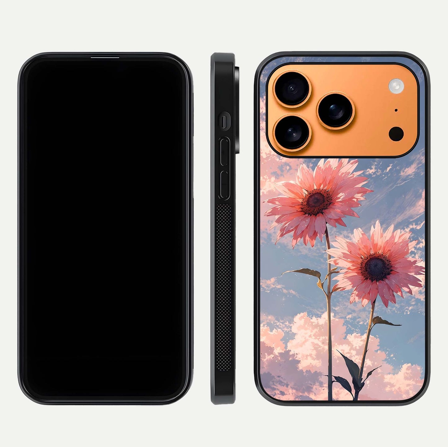 Sunlit Daisy Glow Glass Case for iPhone 17 Pro Max front & back layout showing vibrant sunlight hues and clean edge