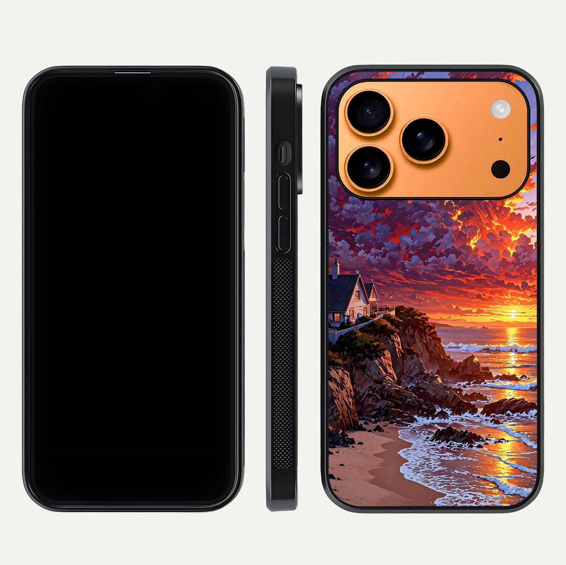 Sunset House by Sea Glass Case for iPhone 17 Pro Max front & back layout showing scenic gradient and curved edge