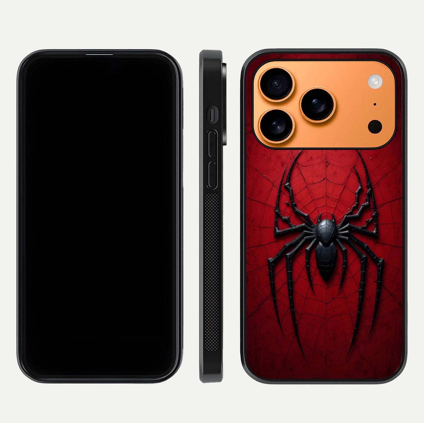 Venom Web Emblem Glass Case for iPhone 17 Pro Max front & back layout showing contrast art and curved glass edges