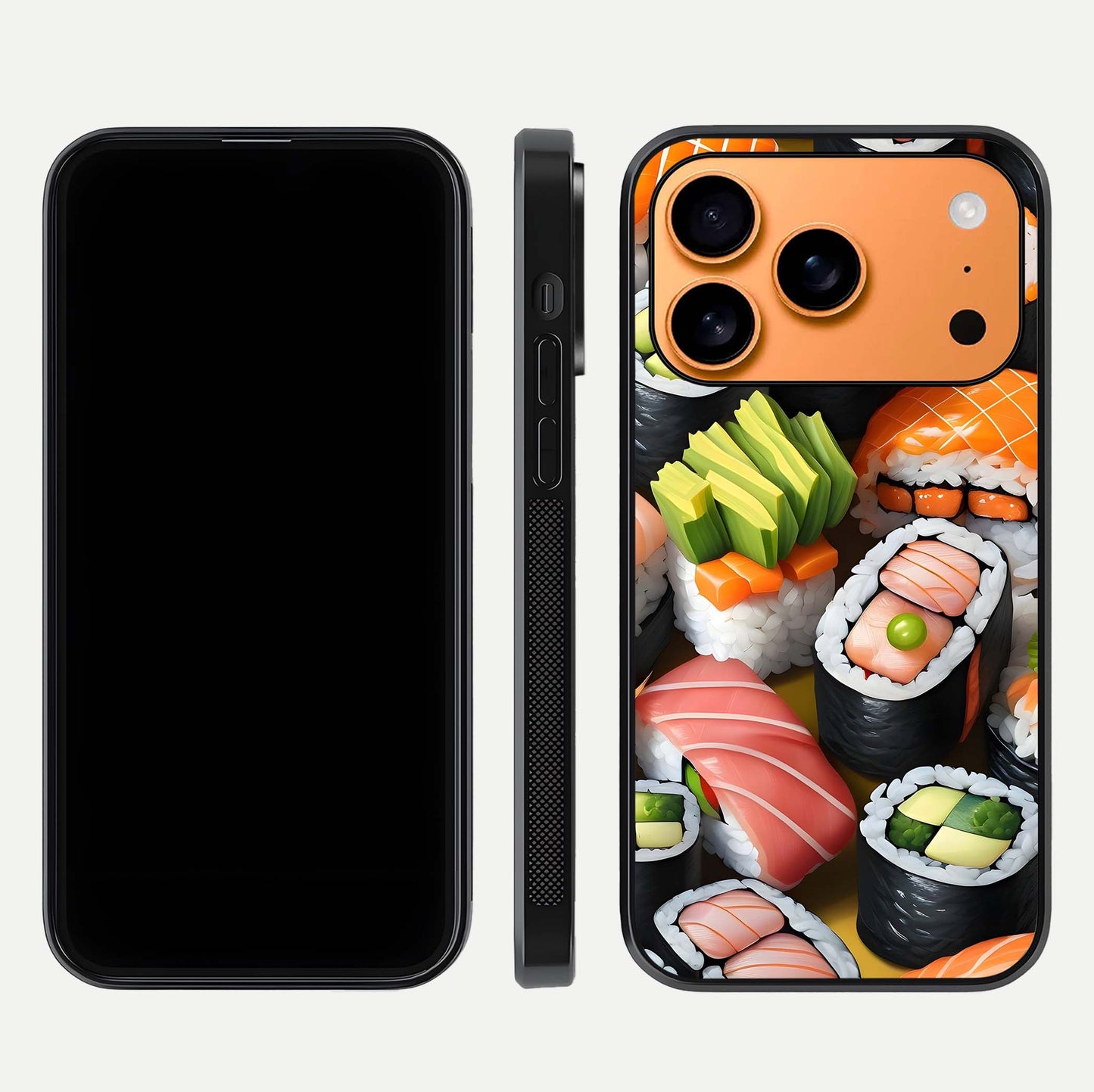 Sushi Food Pattern Glass Case for iPhone 17 Pro Max front & back layout showing playful food theme and clear edges