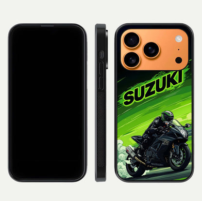 Suzuki Speed Beast Glass Case for iPhone 17 Pro Max front & back layout showing motion blur and sleek edges