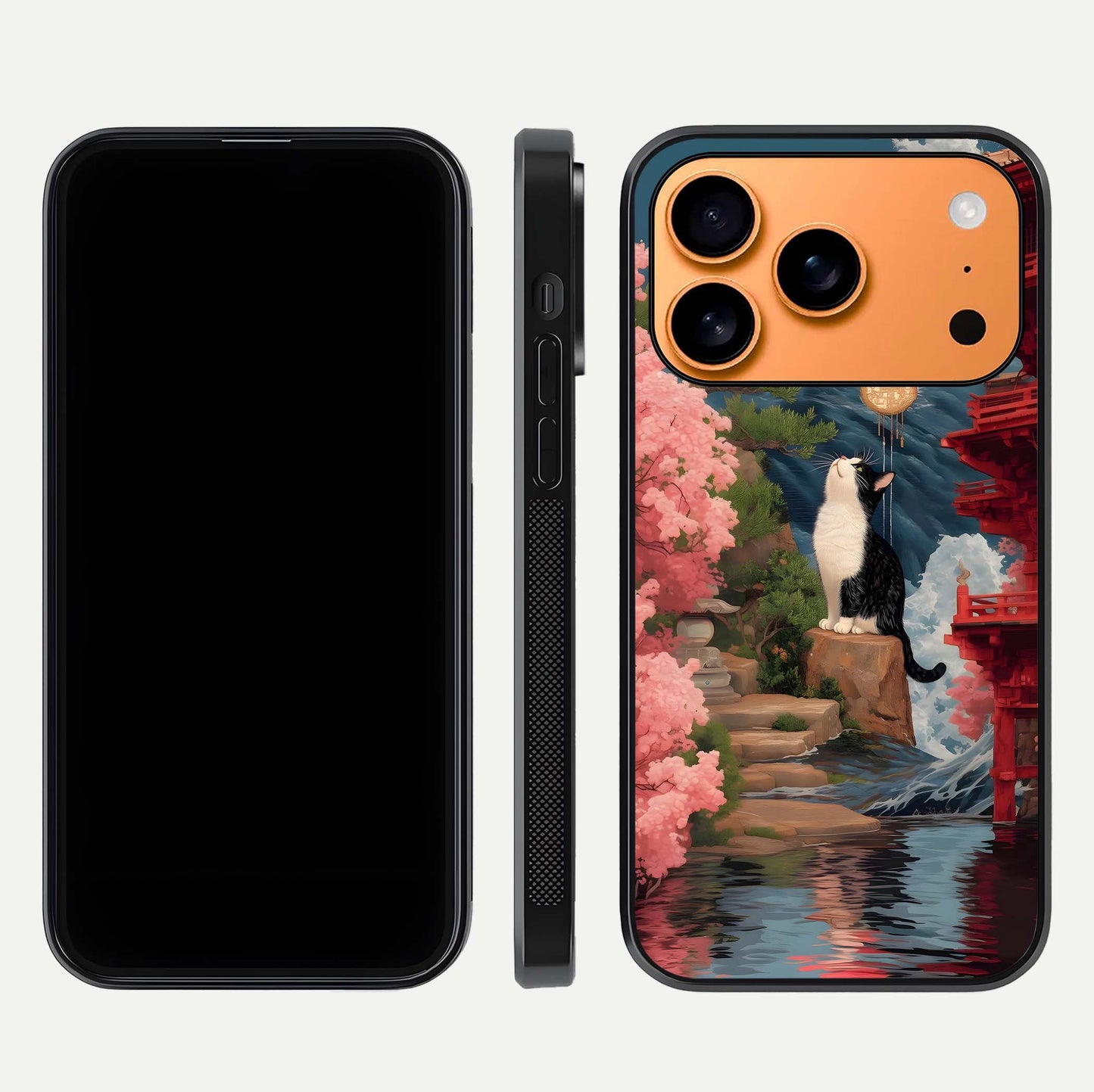 Temple Cat Scenery Glass Case for iPhone 17 Pro Max front & back layout showing scenic print and edge design