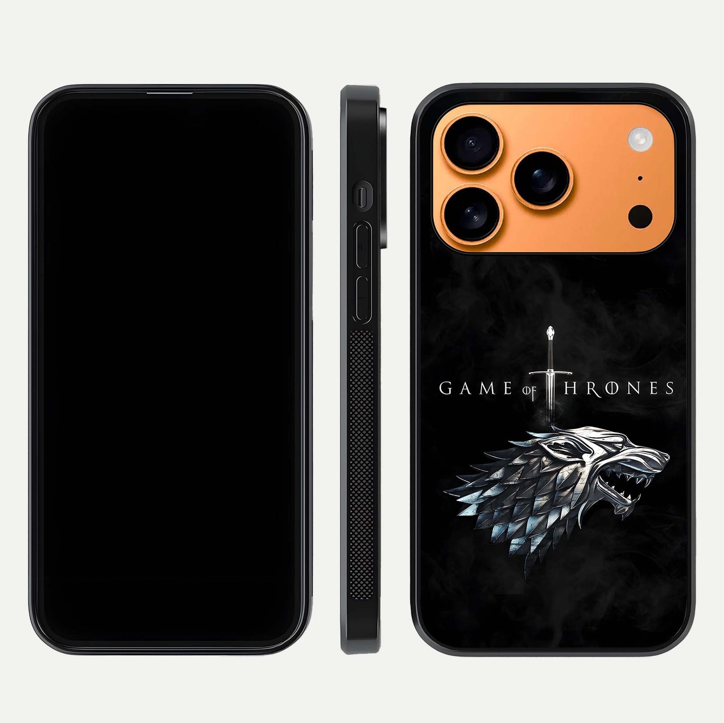 Throne Wolf Legacy Glass Case for iPhone 17 Pro Max front & back layout showing bold pattern and sharp edge