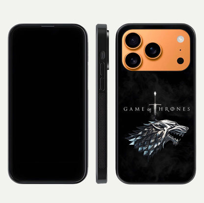 Throne Wolf Legacy Glass Case for iPhone 17 Pro Max front & back layout showing bold pattern and sharp edge