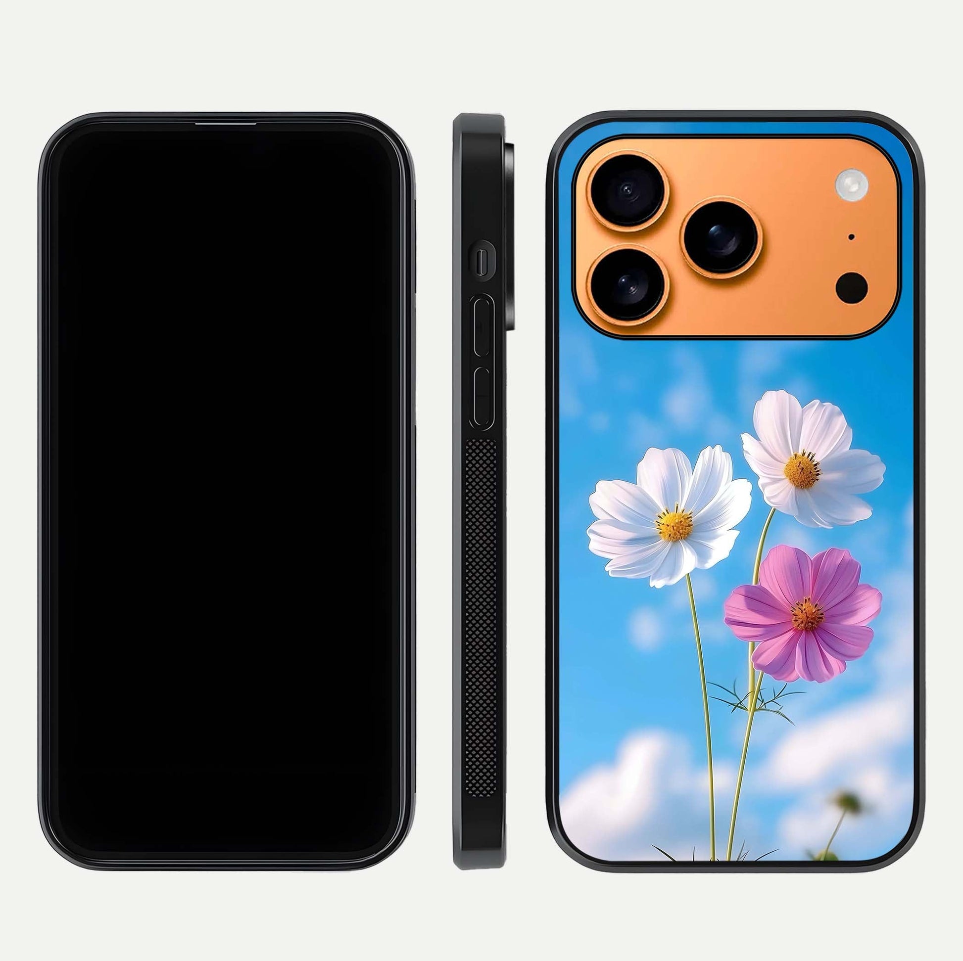 Triple Flowers With Sky Glass Case for iPhone 17 Pro Max front & back layout showing vivid tones and glossy surface