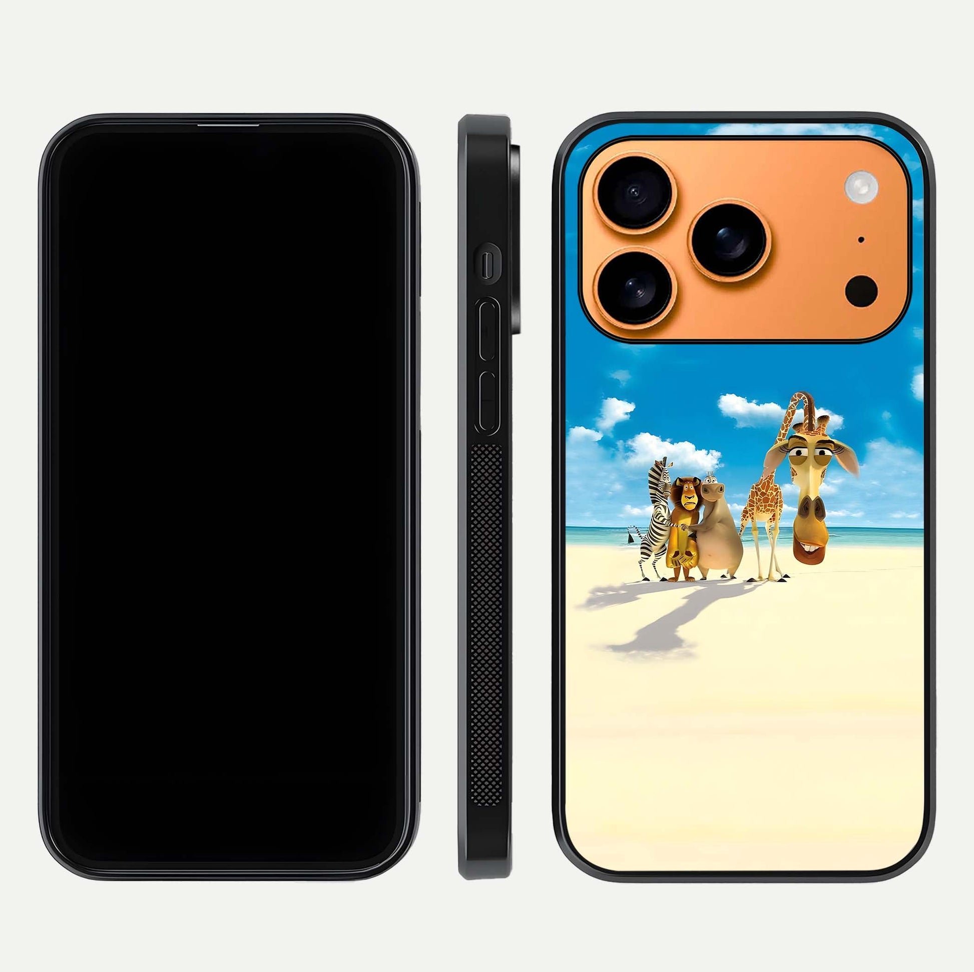 Tropical Fun Squad Glass Case for iPhone 17 Pro Max front & back layout showing fun pattern and smooth edges