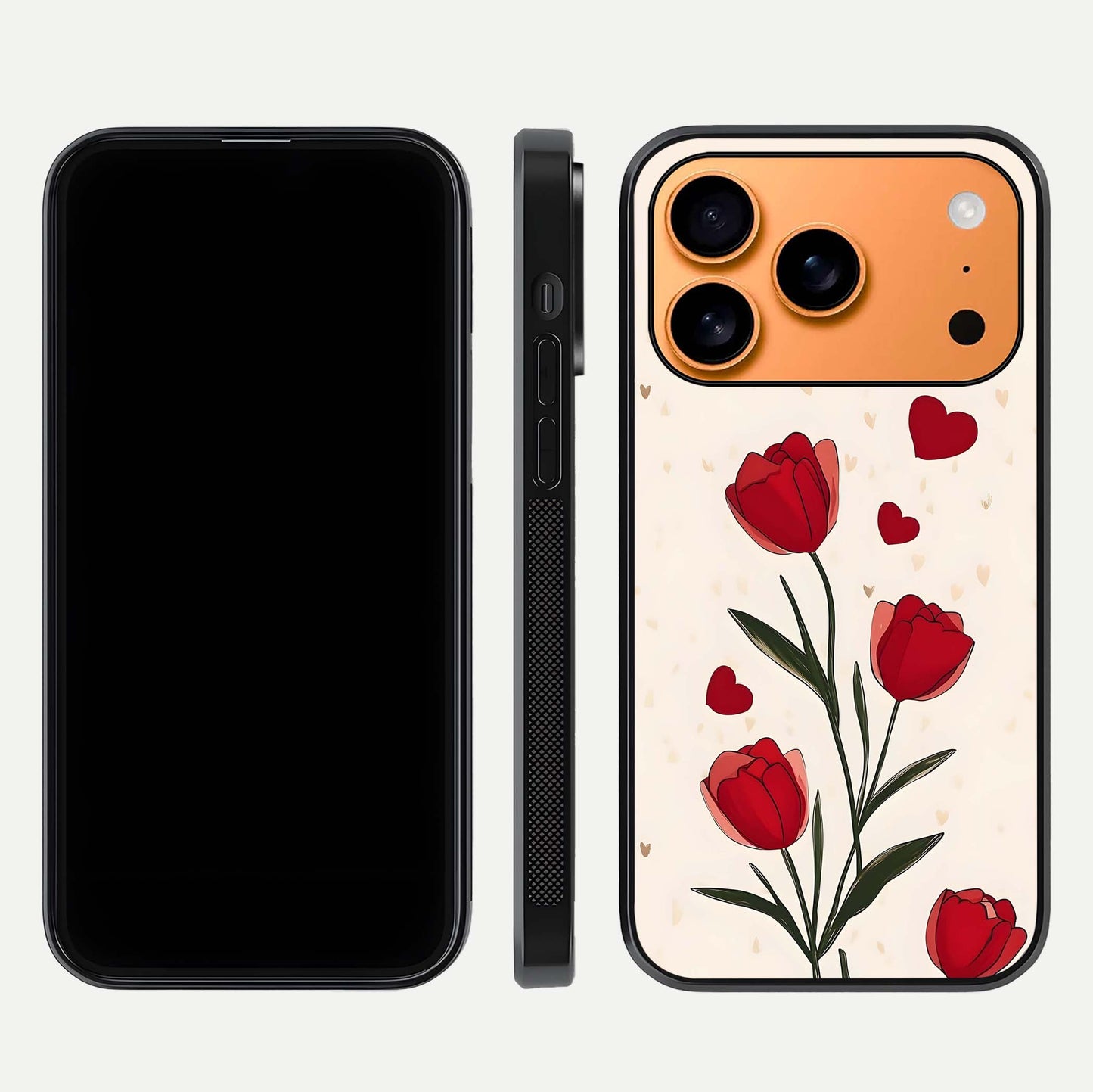 Tulip With Heart Glass Case for iPhone 17 Pro Max front & back layout showing heart motif and elegant gloss finish