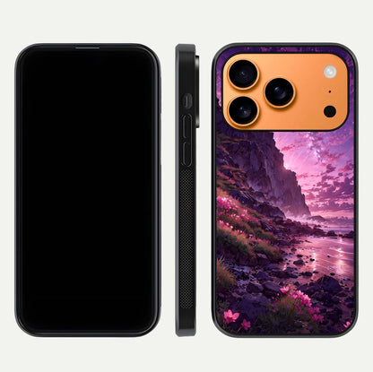 Twilight Blossom Coast Glass Case for iPhone 17 Pro Max front & back layout showing floral tones and curved edge