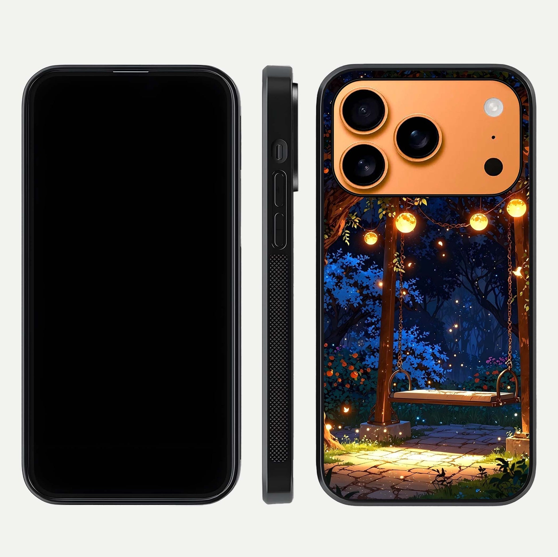 Twilight Garden Swing Glass Case for iPhone 17 Pro Max front & back layout showing garden art and clean edge
