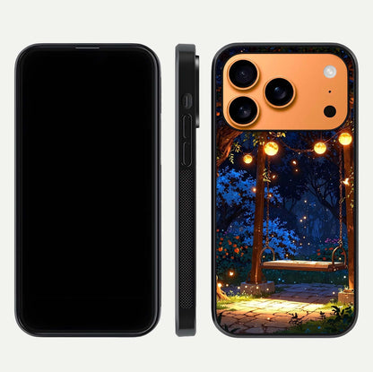 Twilight Garden Swing Glass Case for iPhone 17 Pro Max front & back layout showing garden art and clean edge