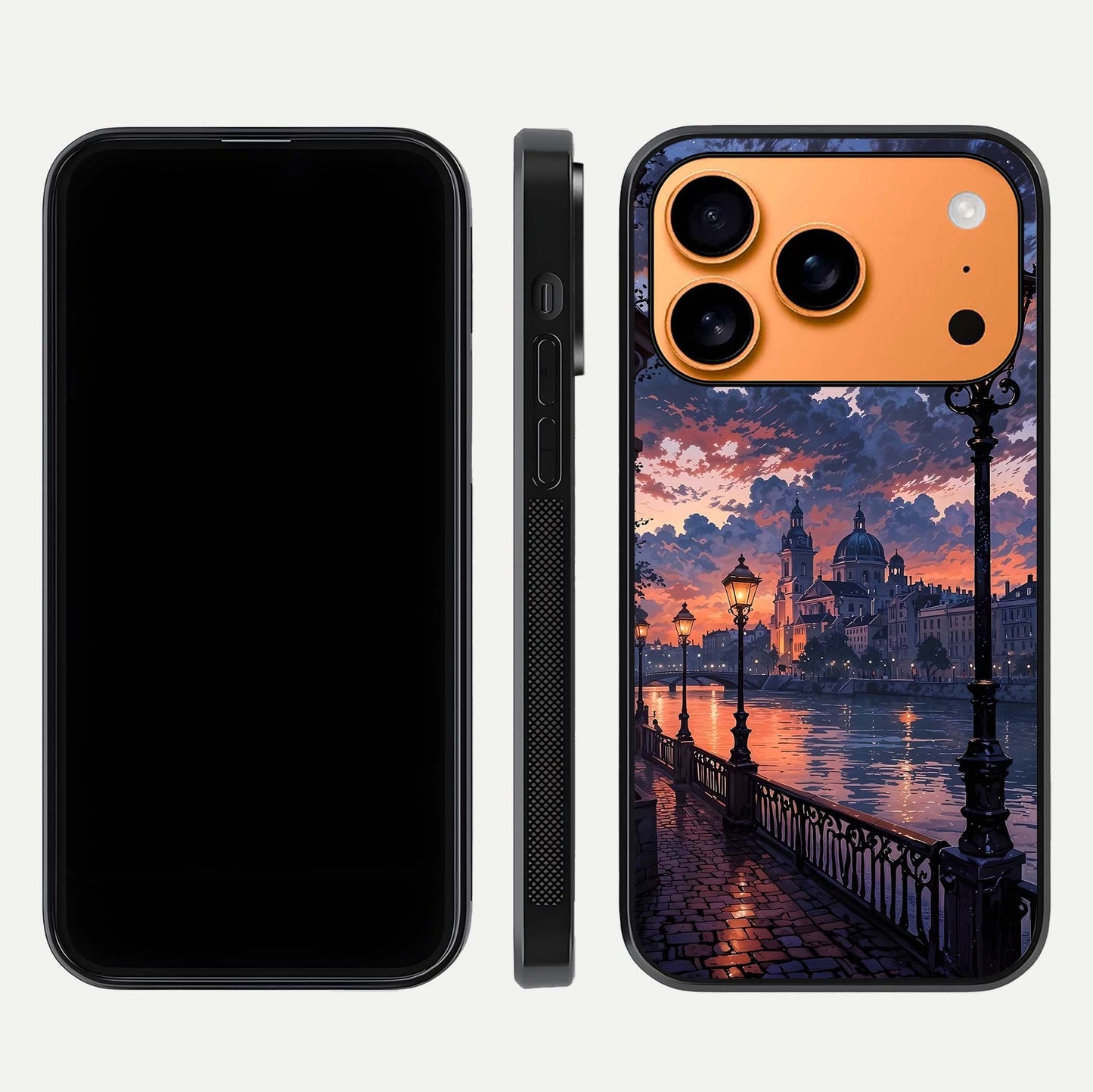 Twilight River Lights Glass Case for iPhone 17 Pro Max front & back layout showing scenic artwork and smooth curved edges