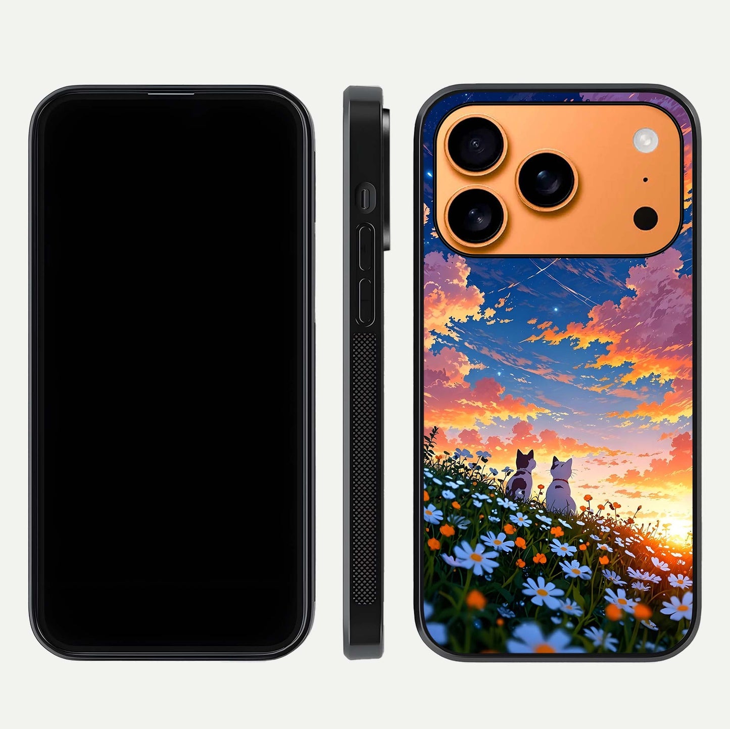 Two Cats Friends Glass Case for iPhone 17 Pro Max front & back layout showing friendly cat theme and edge design