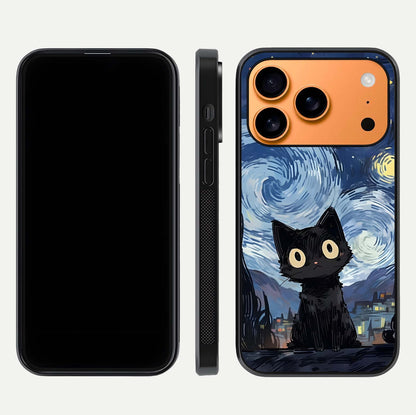Van Gogh Cat Glass Case for iPhone 17 Pro Max front & back layout showing detailed art print and curved glass edges