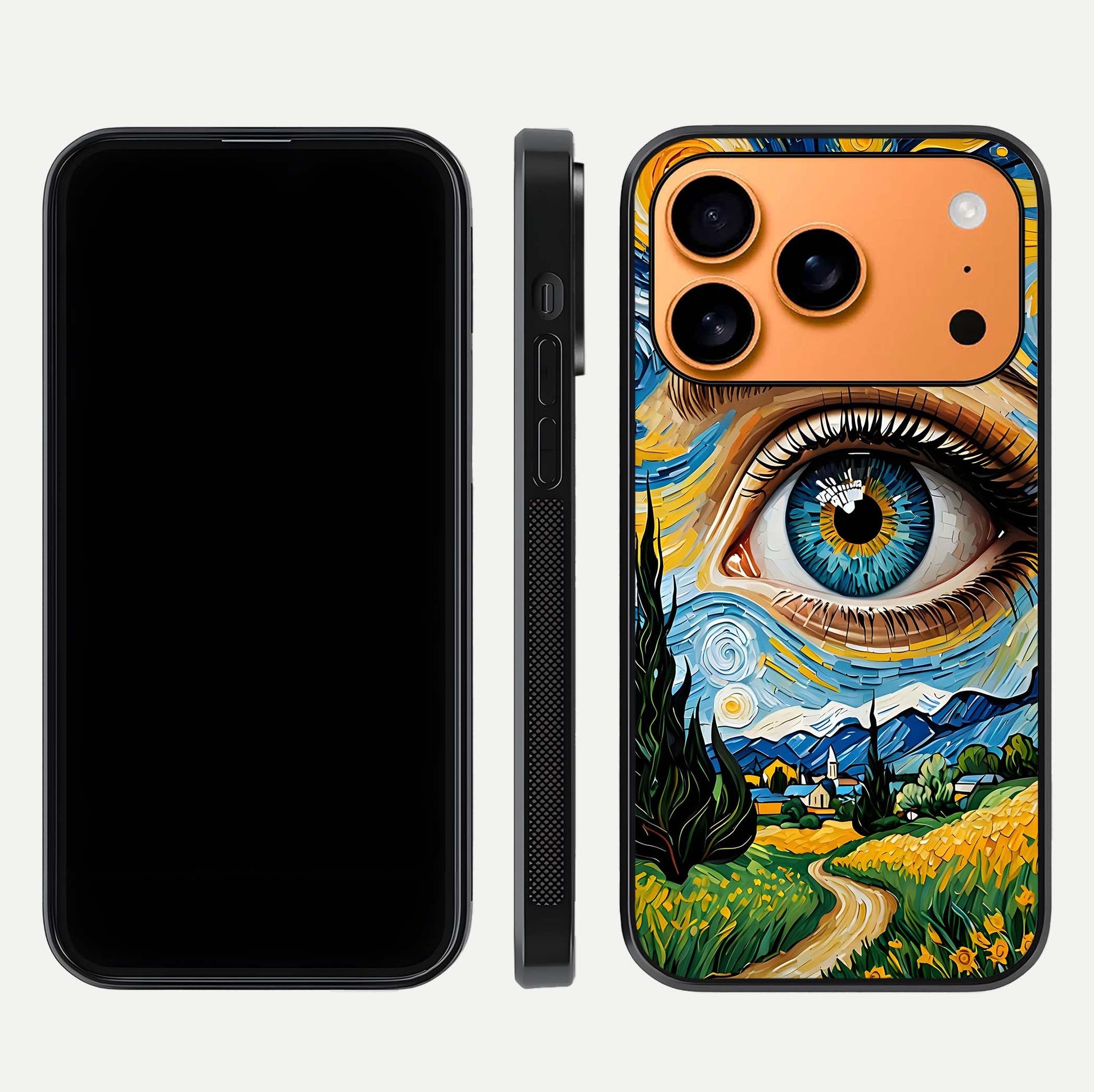 Van Gogh Eye Glass Case for iPhone 17 Pro Max front & back layout showing brushstroke detail and smooth finish
