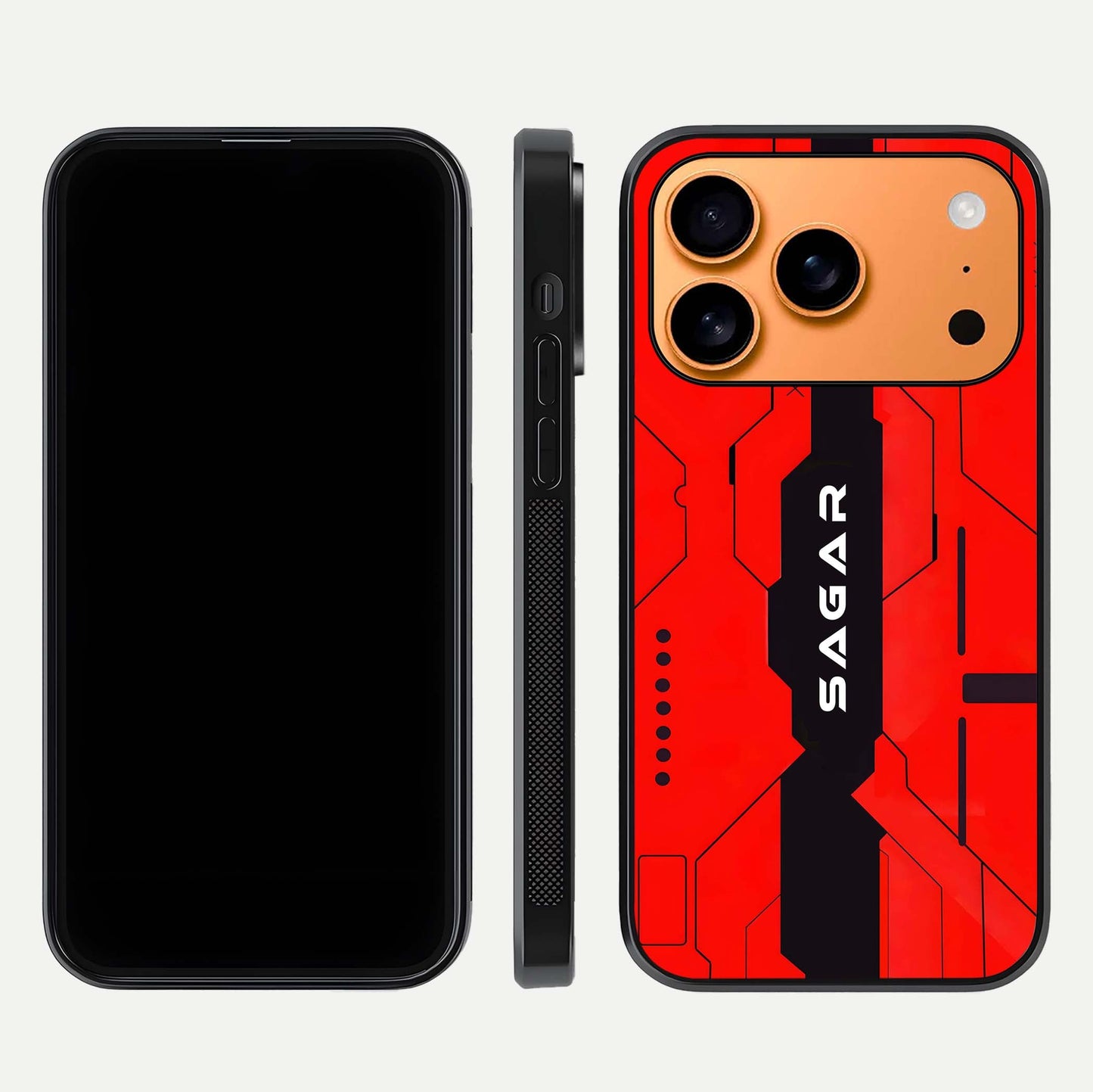 Voltage Rise CYBERPUNK Custom Name Glass Case for iPhone 17 Pro Max front & back layout showing futuristic tones and sleek edge
